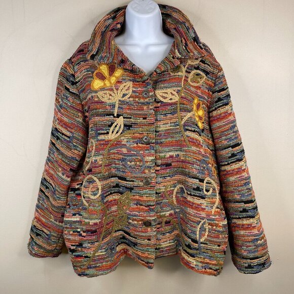 Vintage Jackets & Blazers - FIBER ART Womens Embroidered Jacket Size L Terra Cotta Blue WOVEN Coat SOUTHWEST